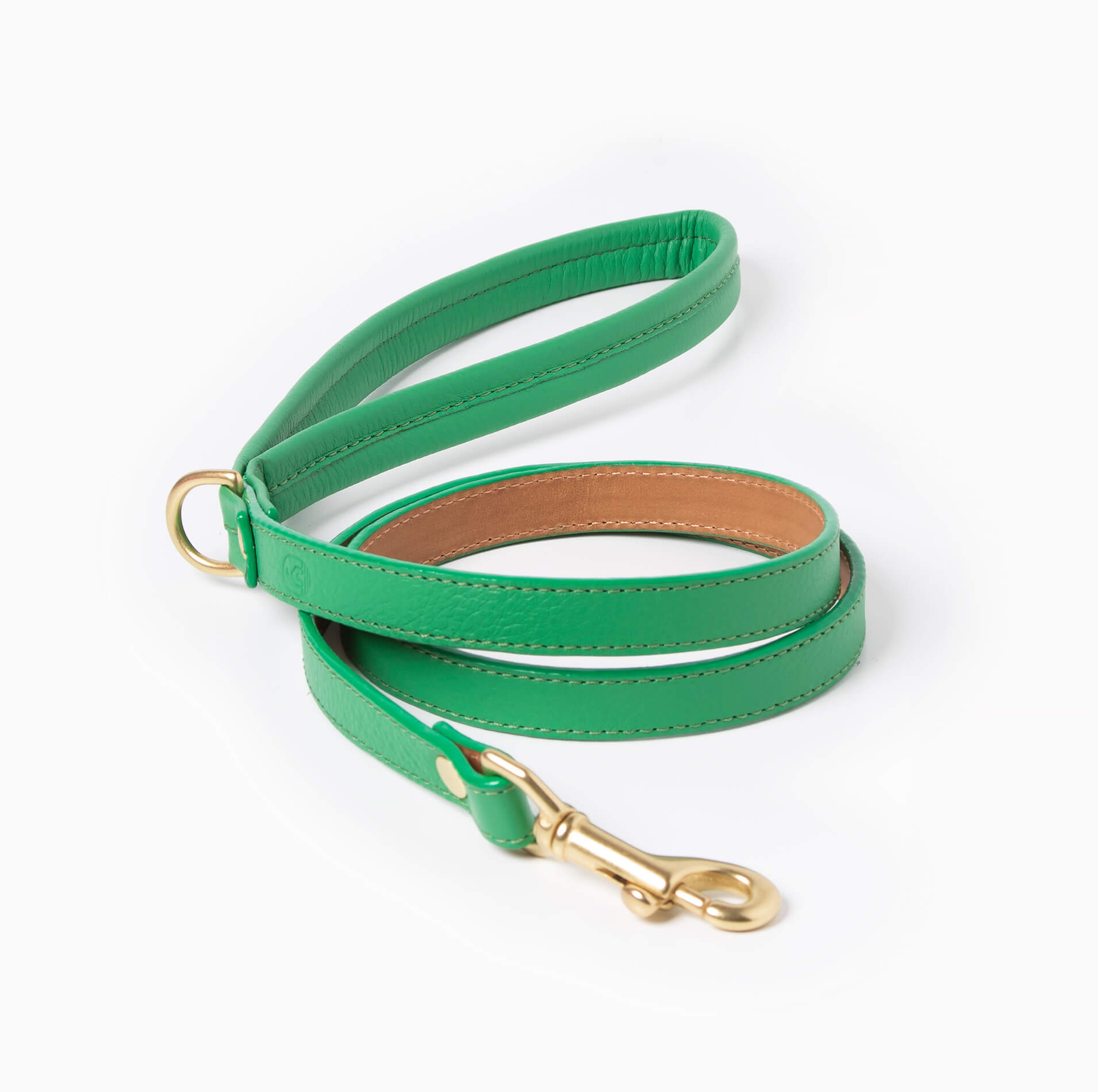 Emerald green leather dog leash with brass hardware