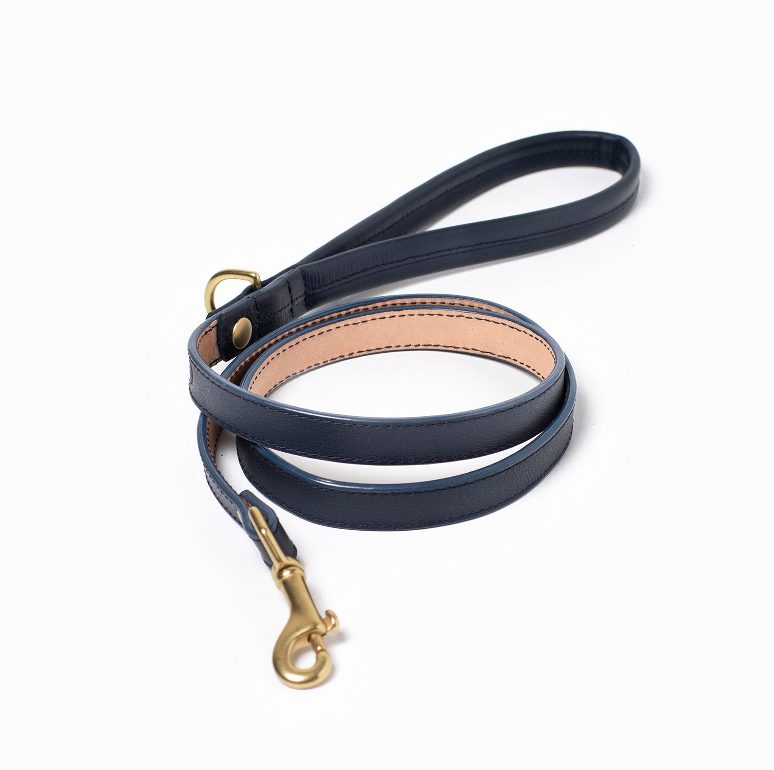 Navy blue leather dog leash with brass hardware