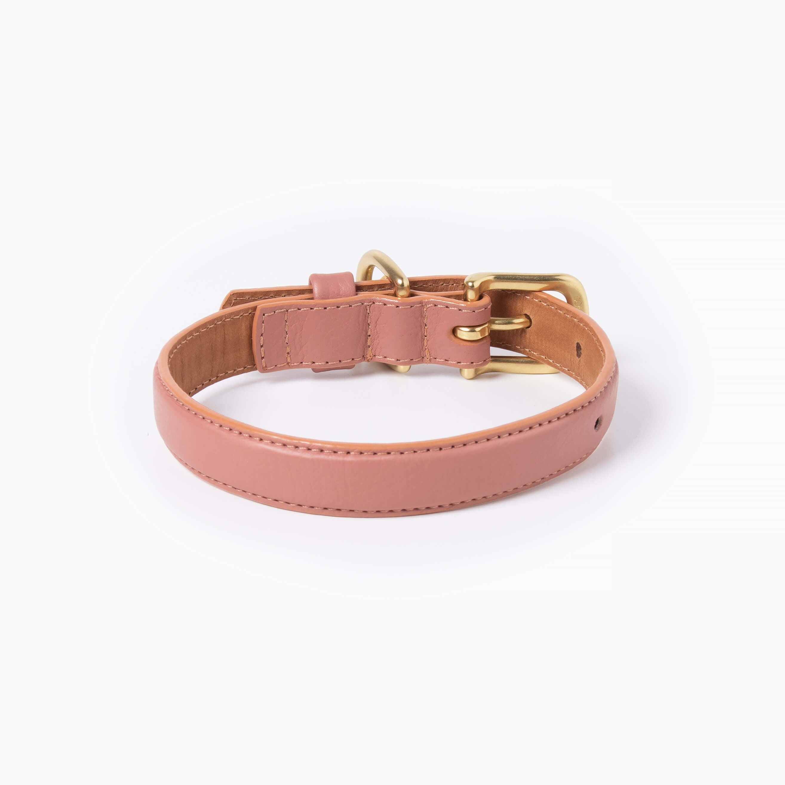 Nude pink leather dog collar with with brass hardware and tag ID. Luxury dog collar.
