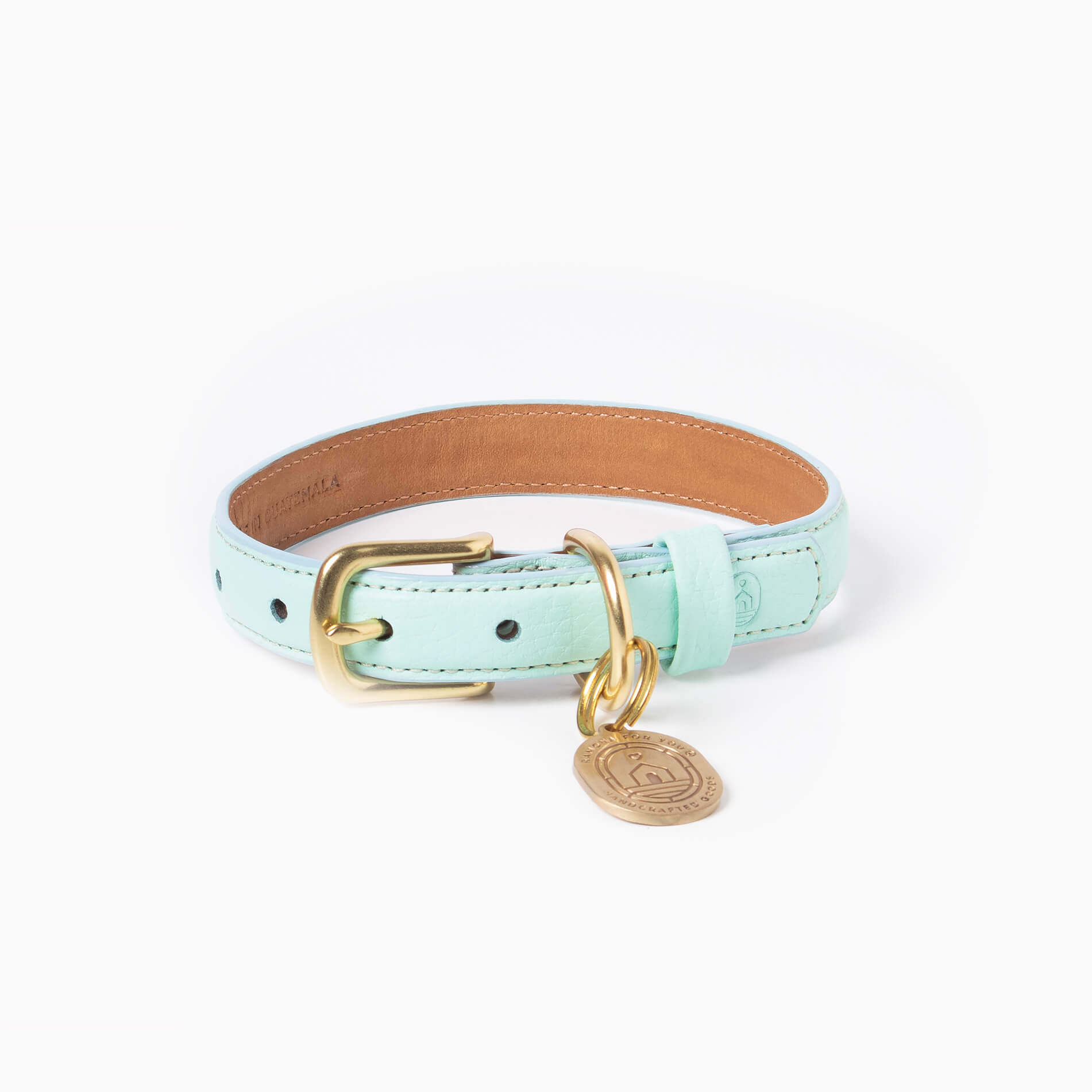 Mint leather dog collar with with brass hardware and tag ID. Luxury dog collar.