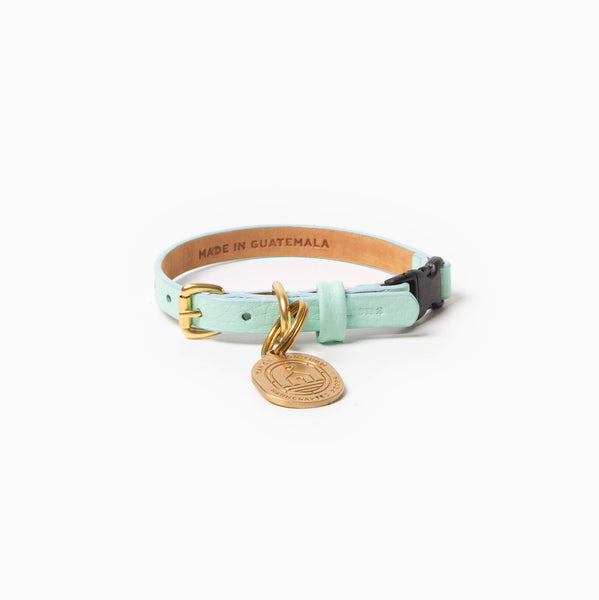 Mint leather cat collar with tag ID and security clip. Handcrafted leather kitty collar.