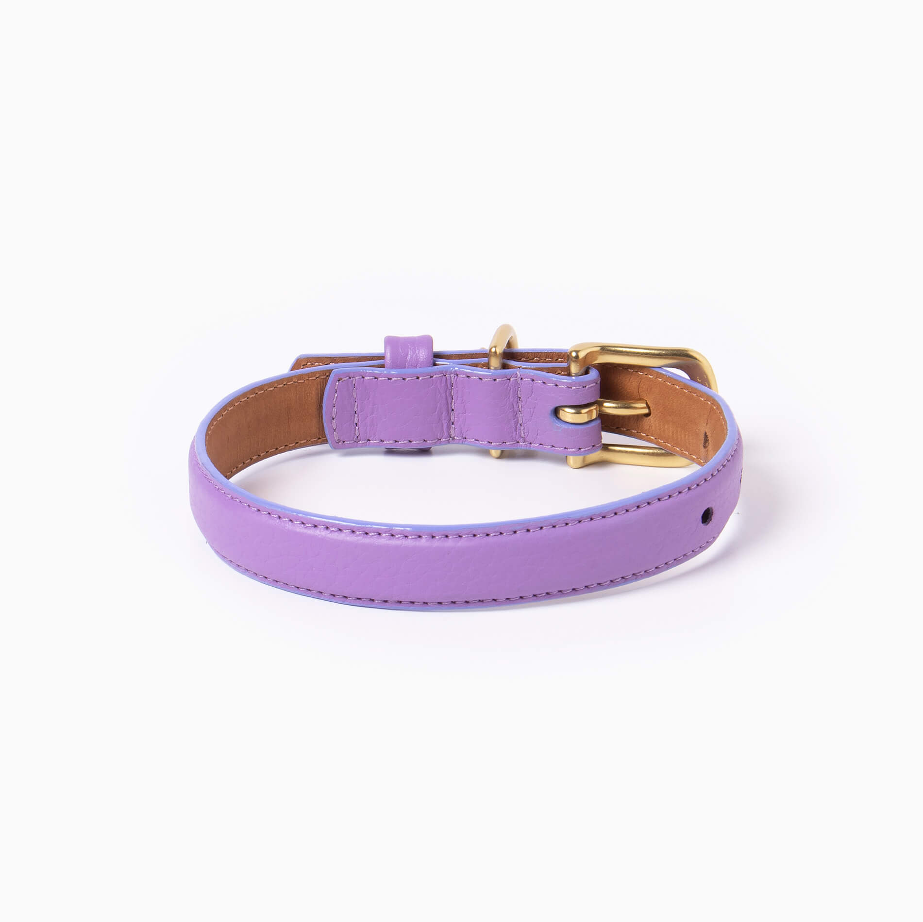 Lilac leather dog collar with with brass hardware and tag ID. Luxury dog collar.