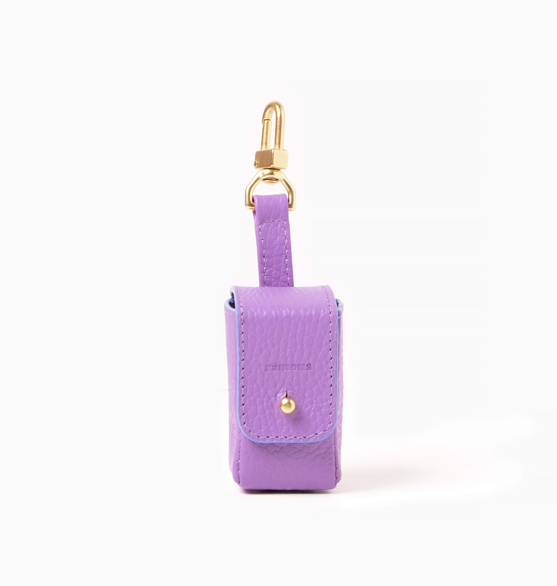 Lilac leather bag holder with with brass hardware. Poop bag holder.