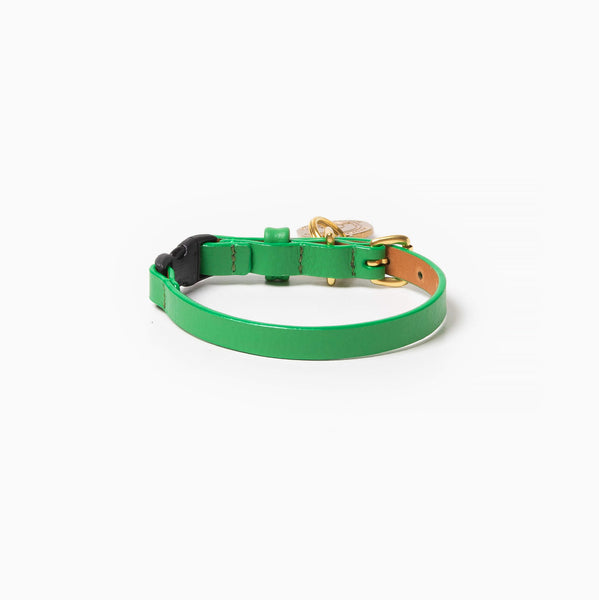 Emerald green leather cat collar with tag ID and security clip. Handcrafted leather kitty collar.