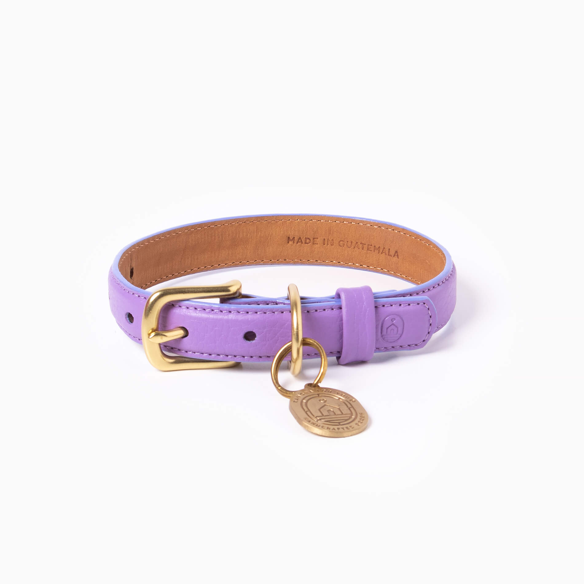 Lilac leather dog collar with with brass hardware and tag ID. Luxury dog collar.