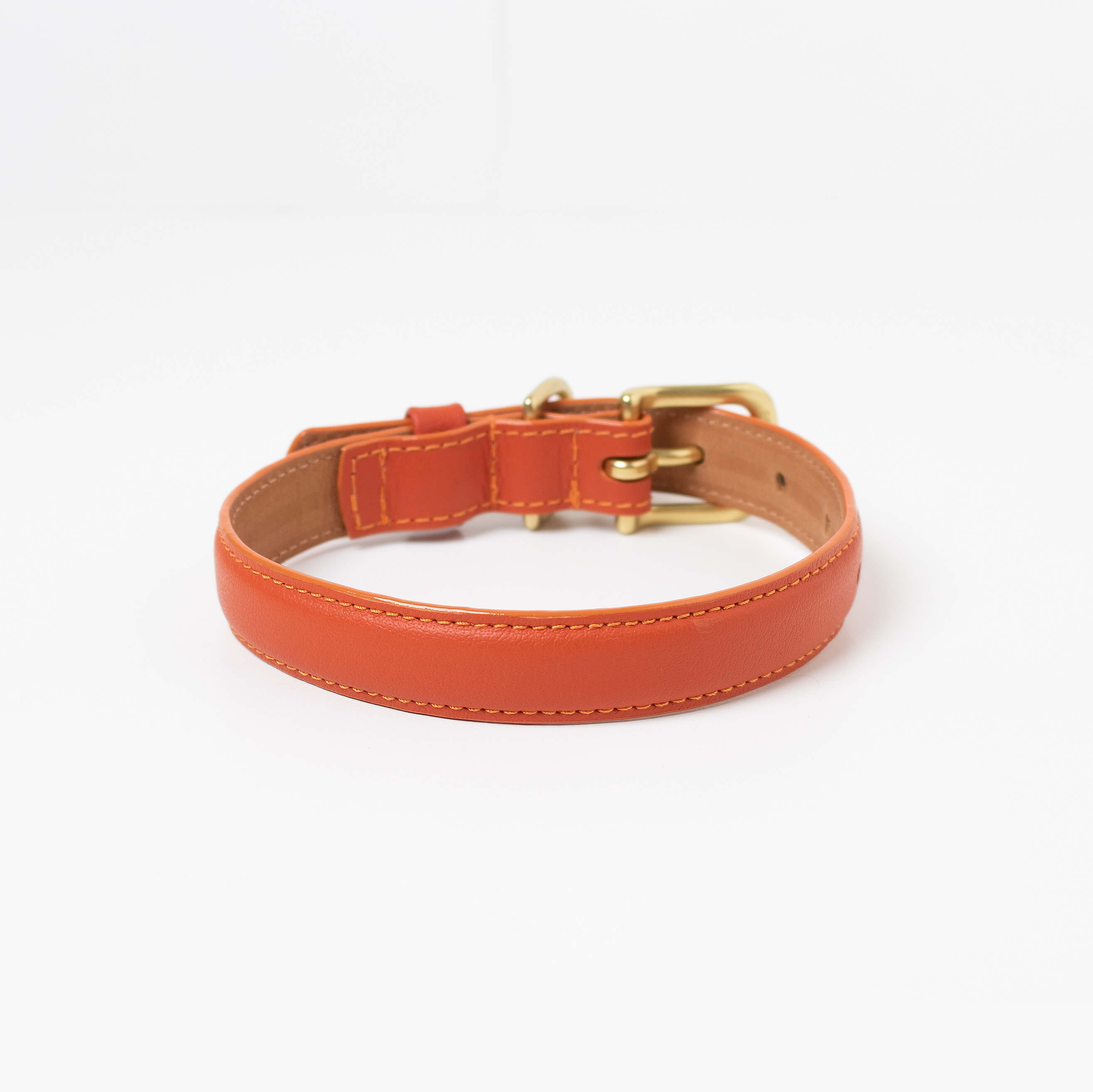 Orange leather dog collar with with brass hardware and tag ID. Luxury dog collar.