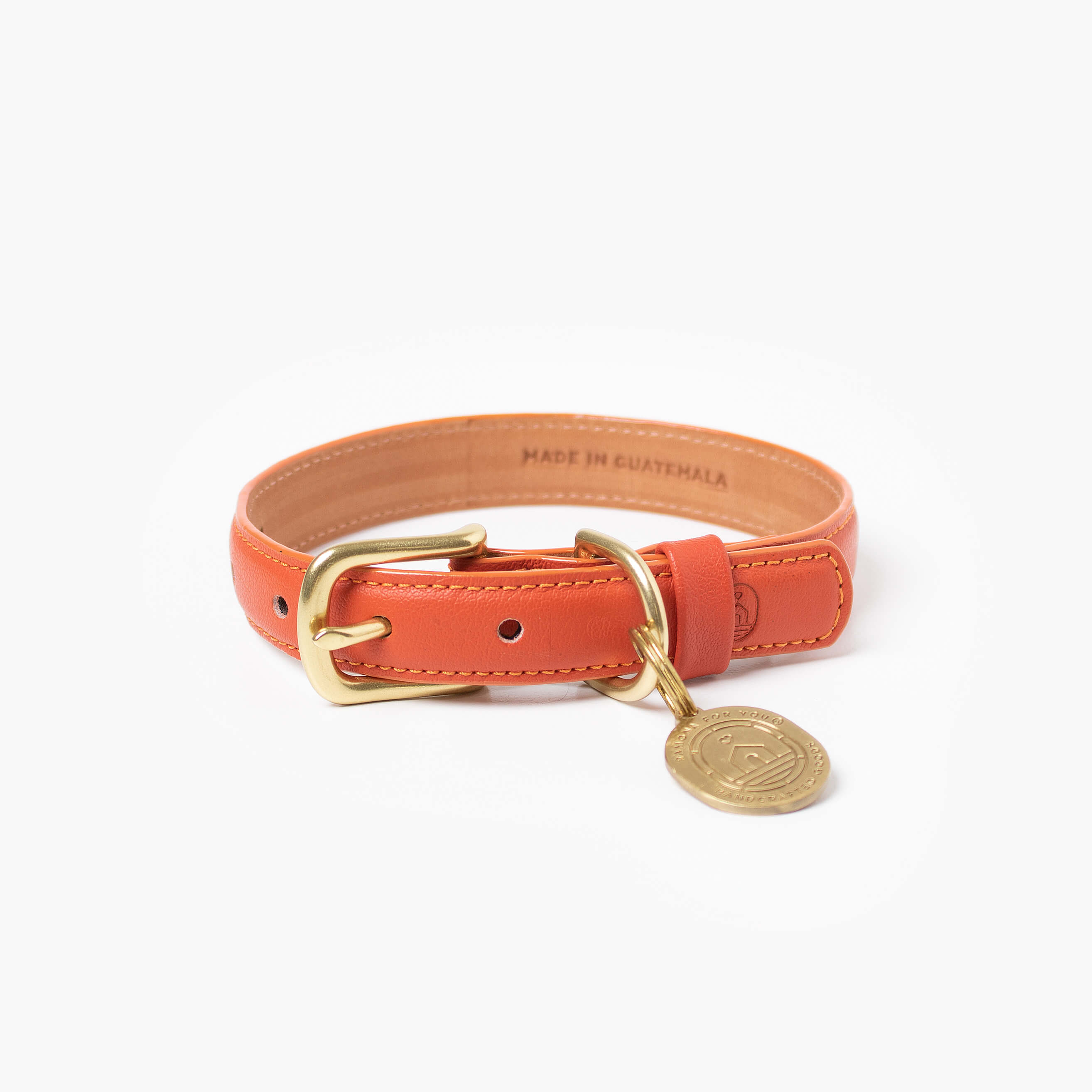 Orange leather dog collar with with brass hardware and tag ID. Luxury dog collar.