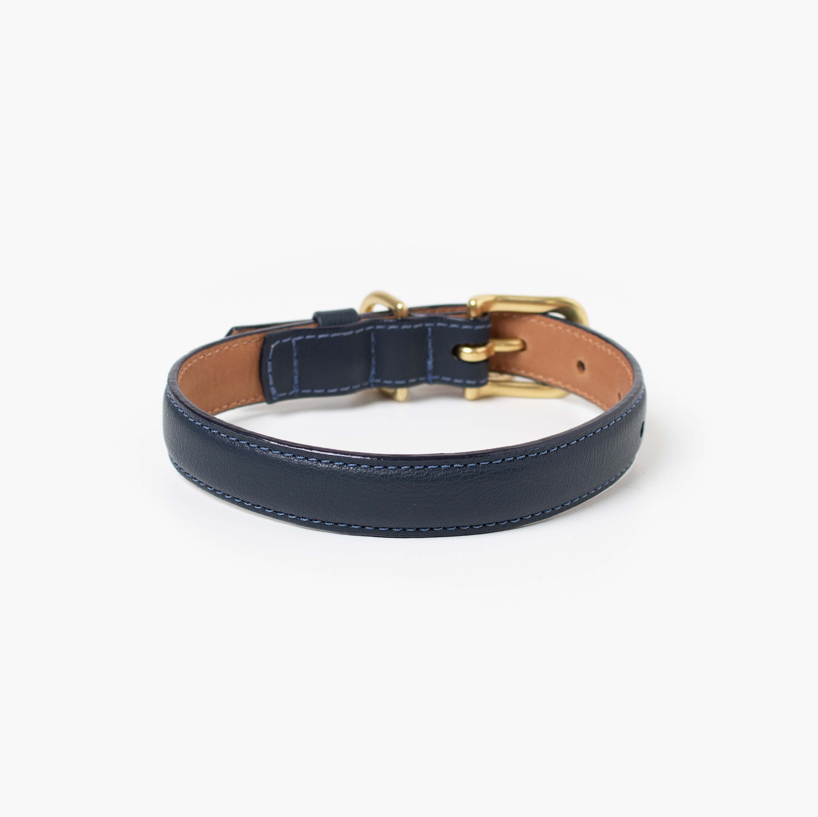 Navy blue leather dog collar with with brass hardware and tag ID. Luxury dog collar.