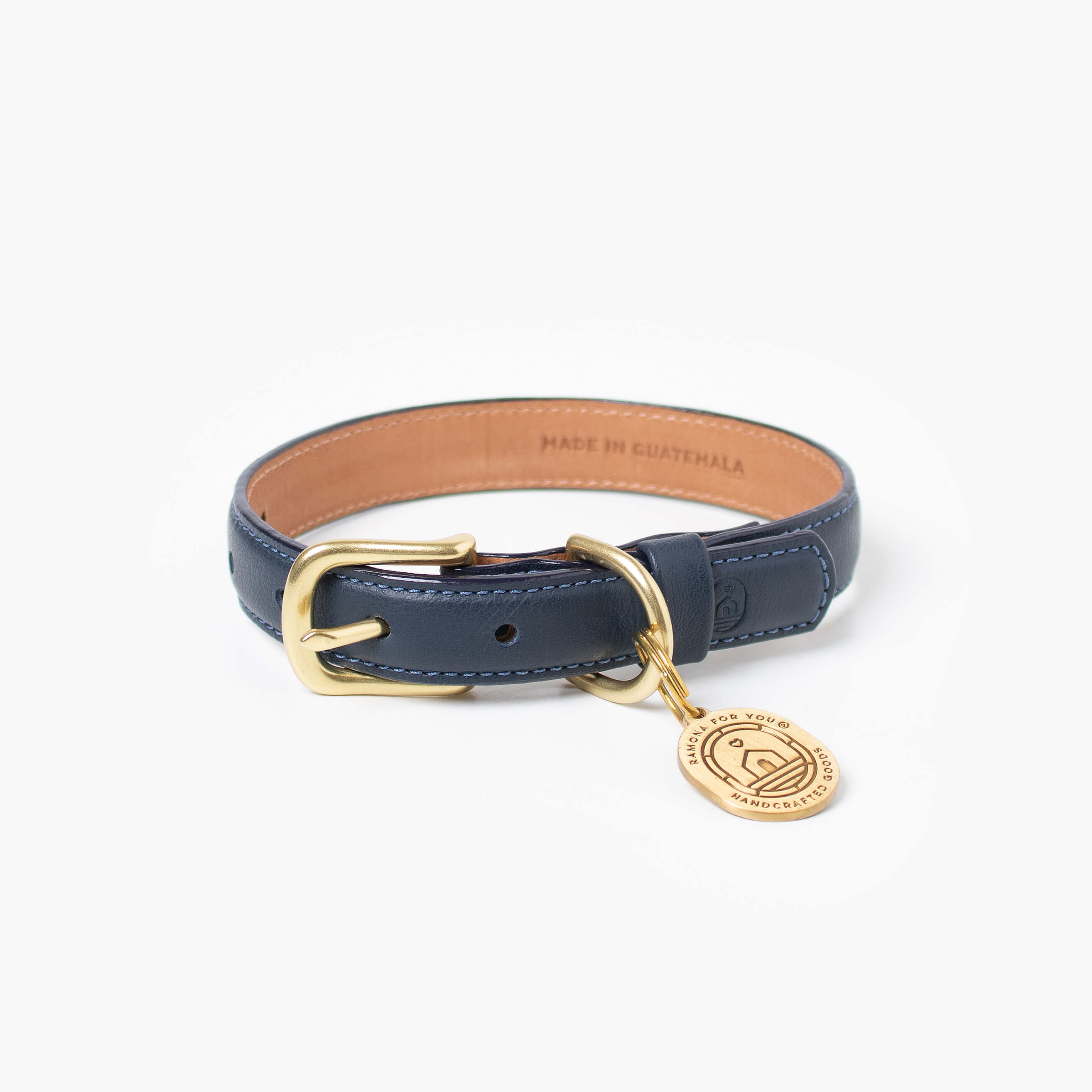 Navy blue leather dog collar with with brass hardware and tag ID. Luxury dog collar.